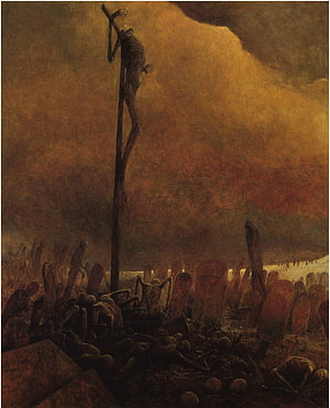 Zdzisław Beksiński Dark Surrealist Painting of a Skeleton on a Pole in a Graveyard HD phone wallpaper