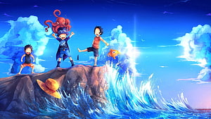 One Piece Anime Illustration of Young Luffy and Friends on a Rocky Outcrop Amidst Ocean Waves HD wallpaper