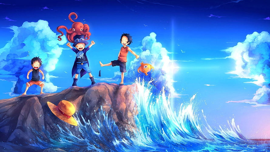 One Piece Anime Illustration of Young Luffy and Friends on a Rocky Outcrop Amidst Ocean Waves HD wallpaper