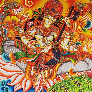 Goddess Saraswati Playing Veena in Vibrant Indian Mural Art Style HD phone wallpaper