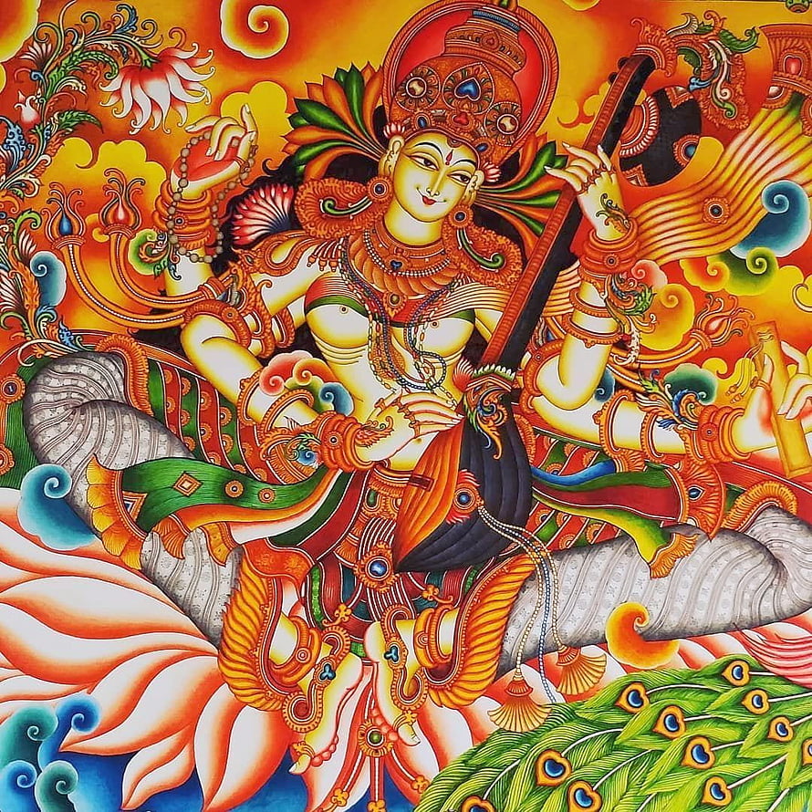 Goddess Saraswati Playing Veena in Vibrant Indian Mural Art Style HD phone wallpaper