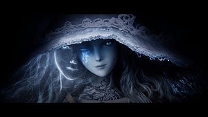 Ranni the Witch from Elden Ring in a dark, ethereal portrait with glowing blue eyes and frost-covered hood HD wallpaper