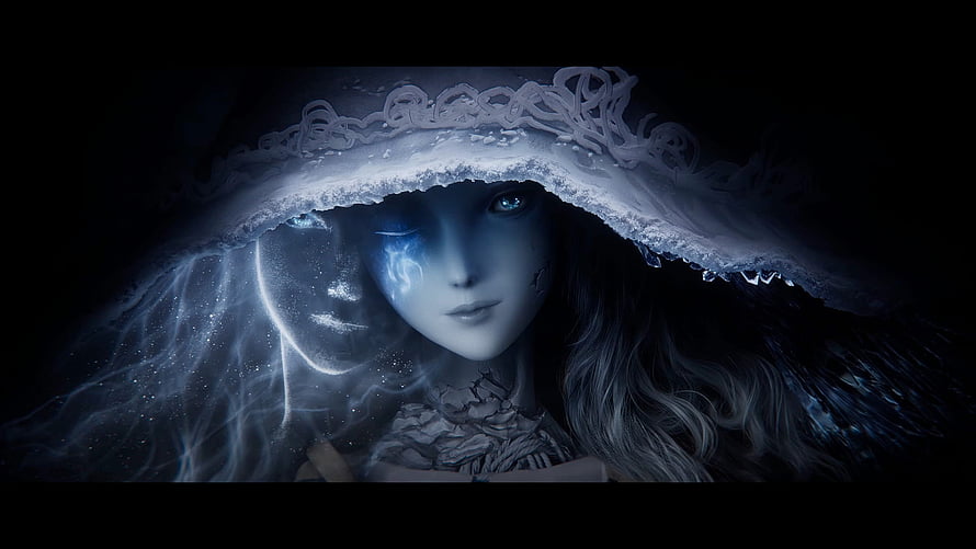 Ranni the Witch from Elden Ring in a dark, ethereal portrait with glowing blue eyes and frost-covered hood HD wallpaper