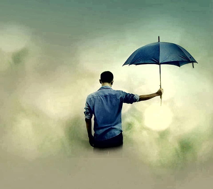 Lone Man Holding Umbrella in Misty Rain, Melancholic and Solitary Mood HD wallpaper