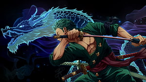 Roronoa Zoro Wielding Three Swords With Glowing Blue Dragon Spirit HD wallpaper
