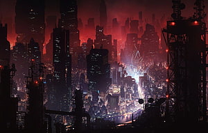 Dystopian Megacity Skyline at Night with Red Haze and Industrial Silhouettes HD wallpaper