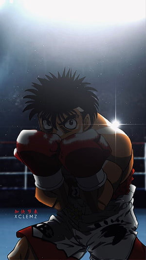 Hajime no Ippo anime boxer in red gloves under dramatic arena spotlight HD phone wallpaper
