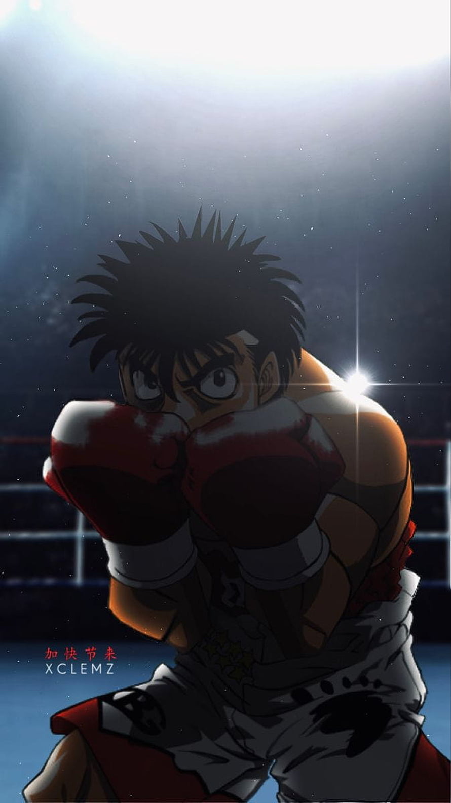 Hajime no Ippo anime boxer in red gloves under dramatic arena spotlight HD phone wallpaper