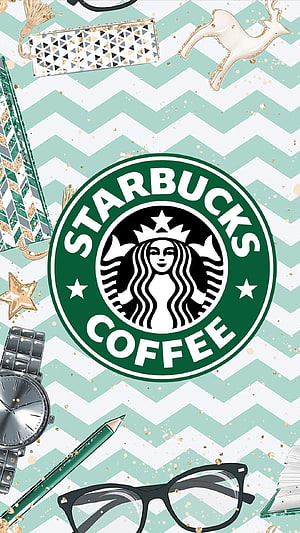 Starbucks Coffee Logo on Mint Chevron Background with Gold Accessories Flat Lay HD phone wallpaper
