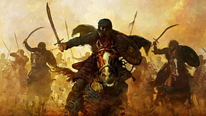 Islamic Warrior on Horseback Leading Cavalry Charge in Dusty Battlefield HD wallpaper
