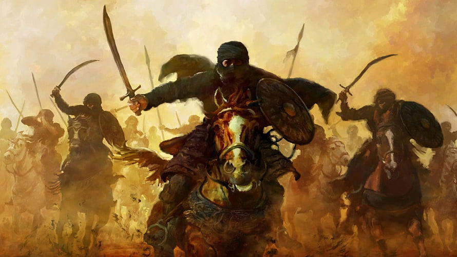 Islamic Warrior on Horseback Leading Cavalry Charge in Dusty Battlefield HD wallpaper