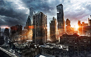 Post-Apocalyptic Cityscape with Ruined Skyscrapers and Dramatic Stormy Sky HD wallpaper