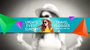 Colorful Travel Vlogger Banner Design with Geometric Shapes and Woman in Hat HD wallpaper