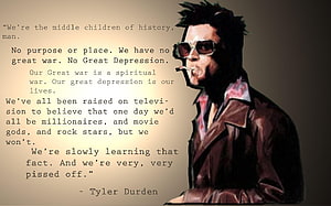 Tyler Durden from Fight Club with a cigarette and a philosophical quote on a beige background HD wallpaper