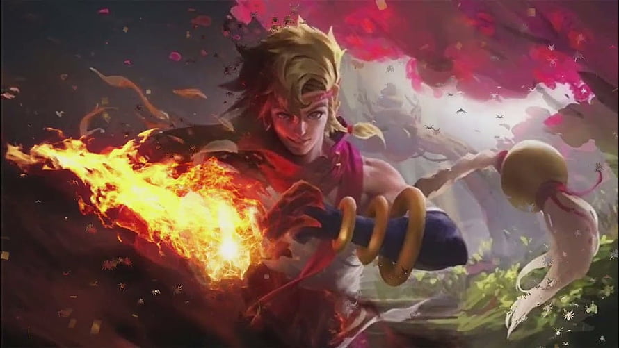 Yin from Mobile Legends Wielding a Fiery Staff in Dynamic Fantasy Art HD wallpaper
