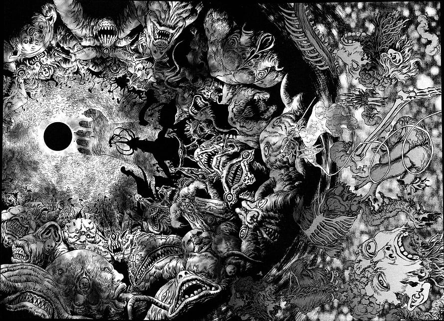 Berserk Manga Panel Featuring Dark Fantasy Monsters and Silhouette HD wallpaper