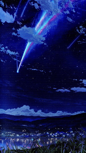 Your Name Anime Night Sky with Meteor Shower Over Mountain Town and Lake HD phone wallpaper