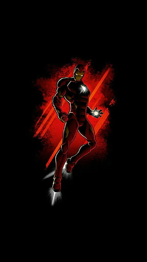 Iron Man Flying Silhouette with Glowing Repulsors Against Dark Red Background HD phone wallpaper