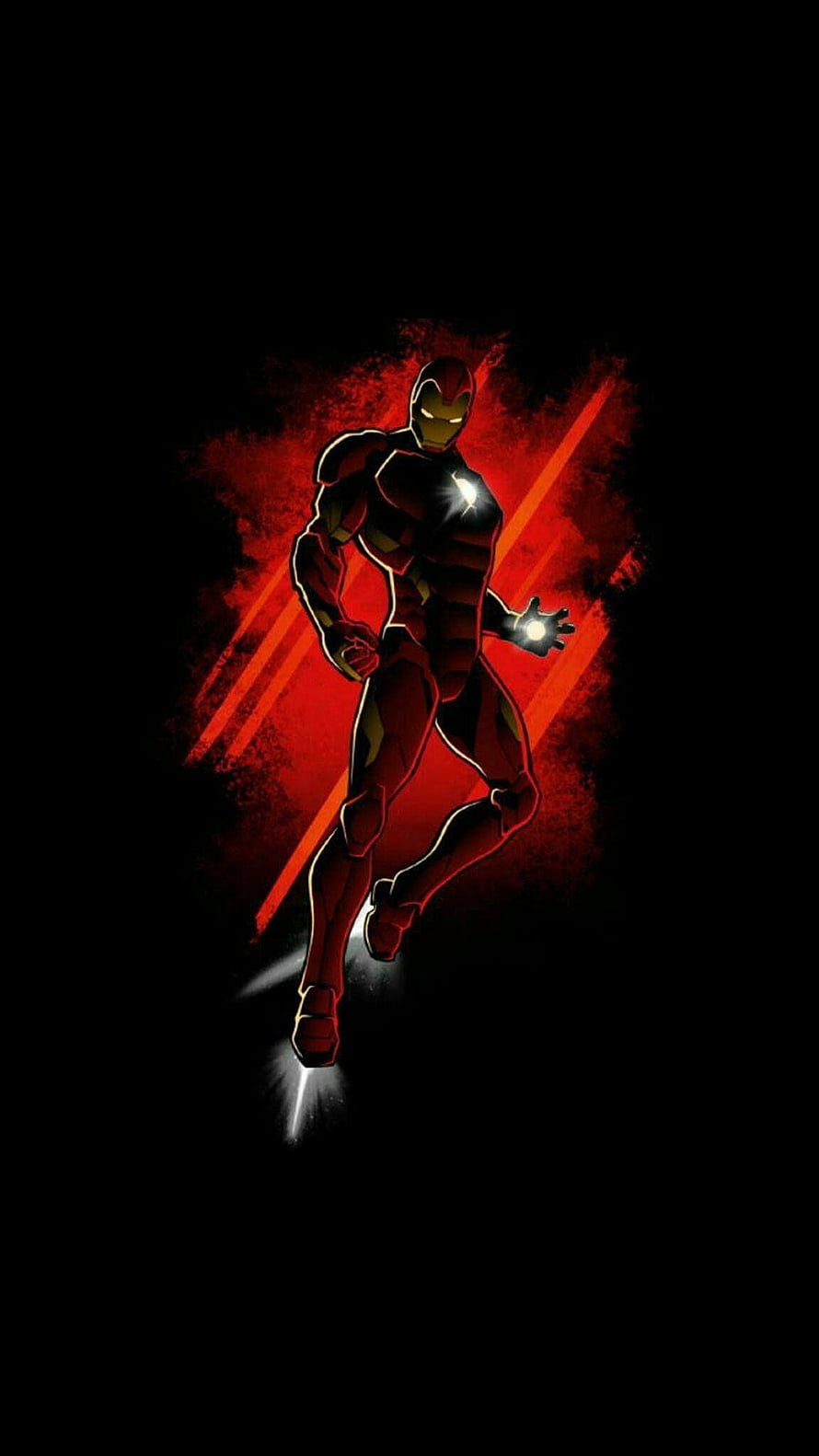 Iron Man Flying Silhouette with Glowing Repulsors Against Dark Red Background HD phone wallpaper