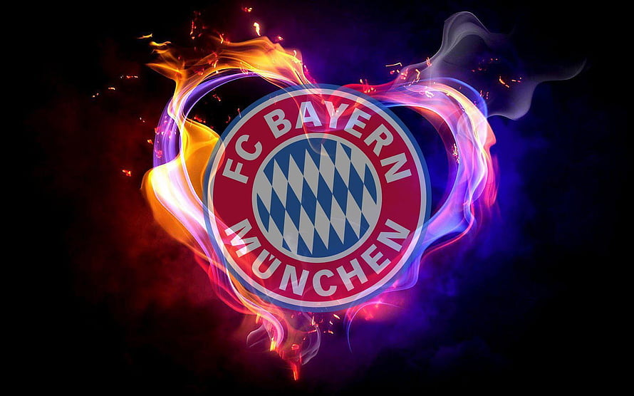 FC Bayern München Logo Enveloped in Fiery Heart and Neon Smoke on Black Background HD wallpaper