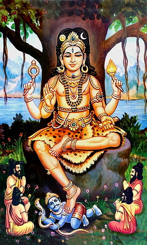Dakshinamurthy seated in meditation with sages and a blue deity at his feet HD phone wallpaper