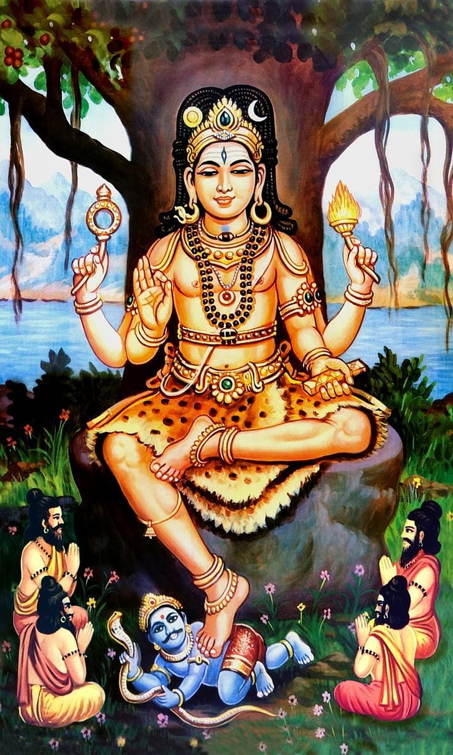 Dakshinamurthy seated in meditation with sages and a blue deity at his feet HD phone wallpaper