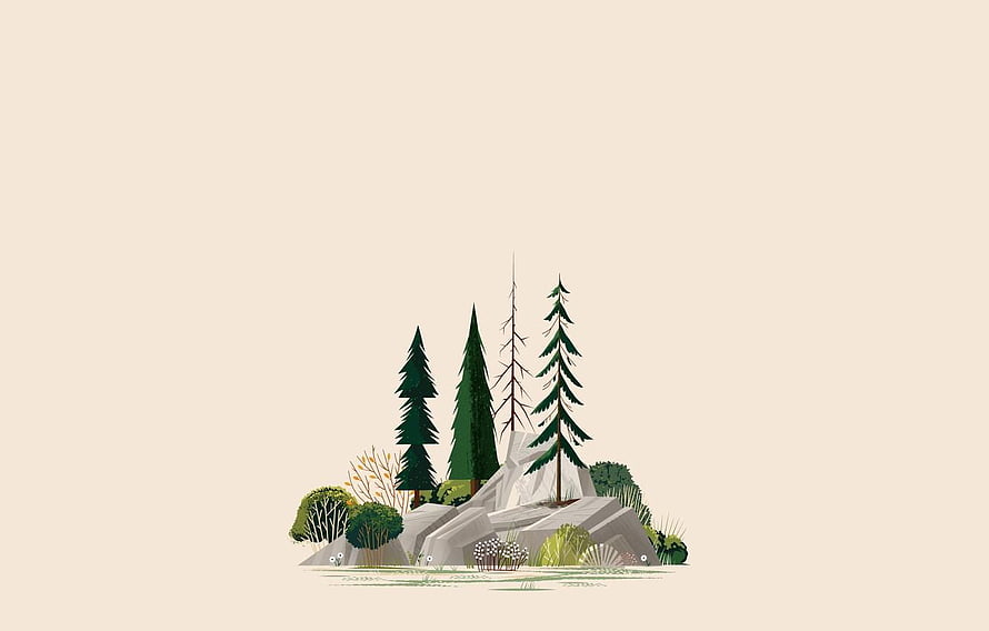 Minimalist Forest Illustration Featuring Pine Trees, Rocks, and Shrubs on a Neutral Background HD wallpaper
