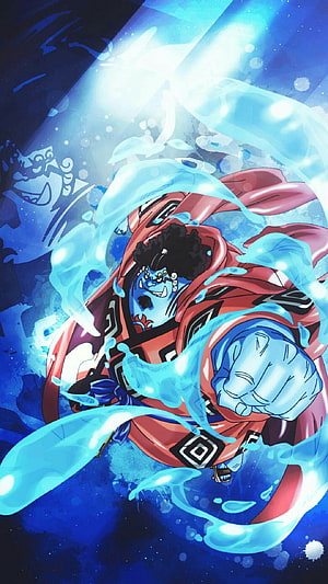 Jinbe from One Piece in Dynamic Water Attack Pose with Blue Energy Effects HD phone wallpaper