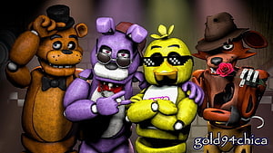 Five Nights at Freddy's animatronic crew in stylish accessories and pixel sunglasses HD wallpaper