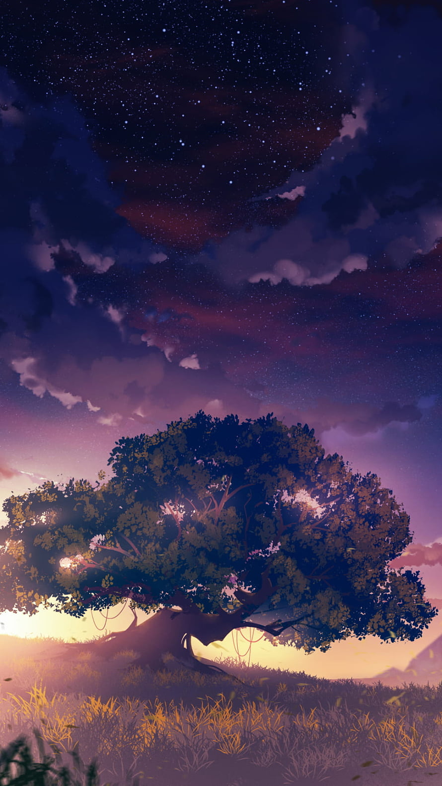 Genshin Impact Night Sky Landscape with Glowing Tree and Starry Clouds HD phone wallpaper