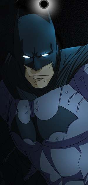 Batman Close-Up Portrait with Glowing Eyes in Dark Comic Style HD phone wallpaper