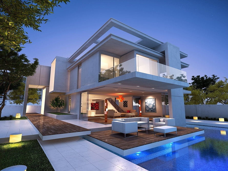 Contemporary Two-Story Villa with Infinity Pool and Glass Balcony at Dusk HD wallpaper