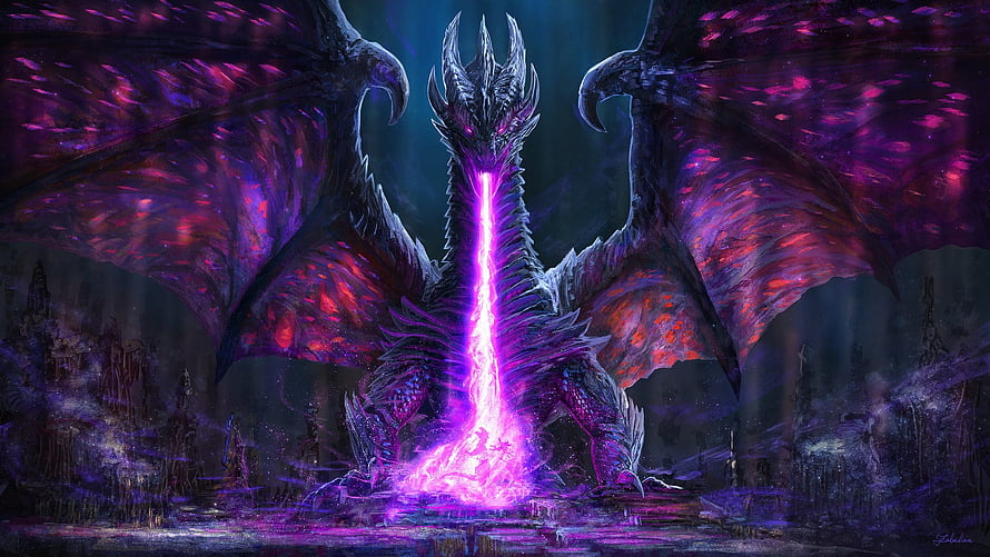 Majestic Fantasy Dragon Breathing Purple Flame in Dark Cavern HD wallpaper