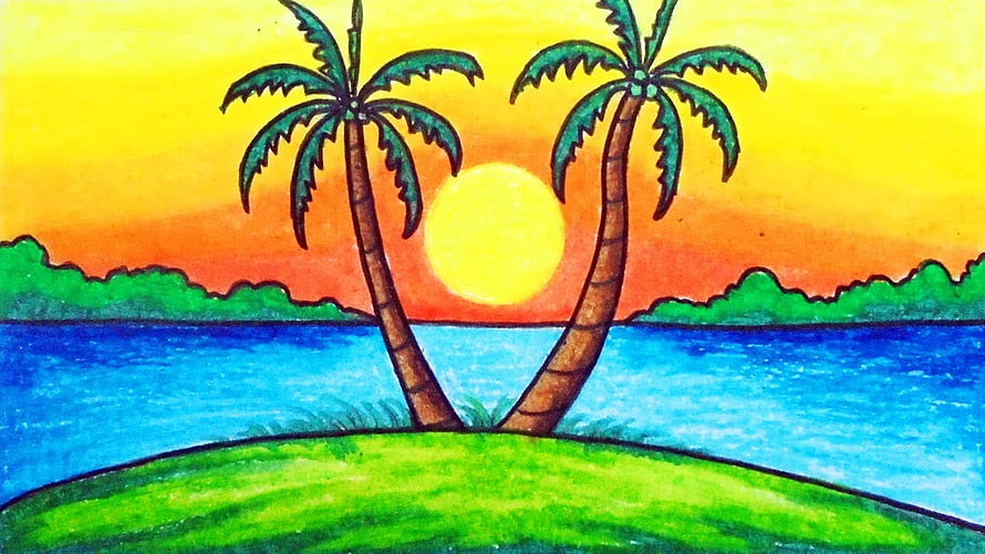 Hand-drawn tropical island scene with palm trees and a bright sunset over the ocean HD wallpaper