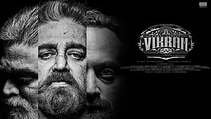 Vikram Movie Poster Featuring Kamal Haasan in Dramatic Black and White Portrait HD wallpaper