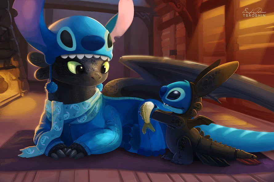 Stitch and Toothless Cuddling in Cozy Viking Interior HD wallpaper