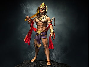 Hanuman Digital Art Portrait with Mace and Red Sash on Dark Rocky Background, hanuman ji body, #Hanuman HD wallpaper