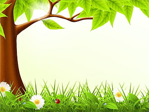 Spring Meadow Illustration with Tree, Daisies, and Ladybug on Green Grass HD wallpaper