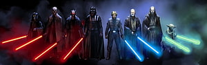 Star Wars Jedi and Sith Masters Wielding Lightsabers in Dramatic Group Portrait HD wallpaper