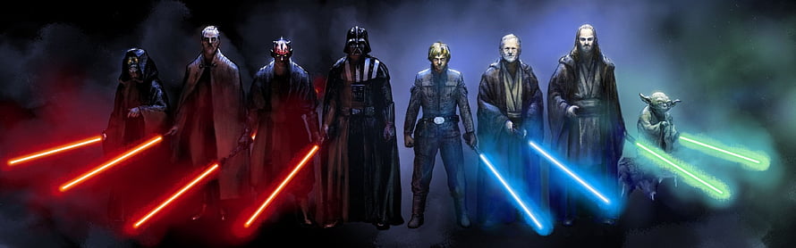 Star Wars Jedi and Sith Masters Wielding Lightsabers in Dramatic Group Portrait HD wallpaper