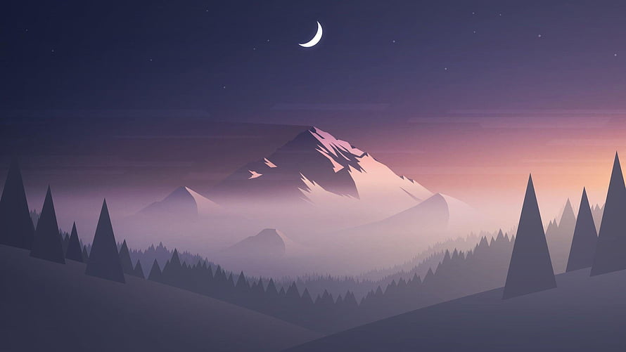 Minimalist Mountain Landscape at Dusk with Crescent Moon and Pine Forest Silhouettes HD wallpaper