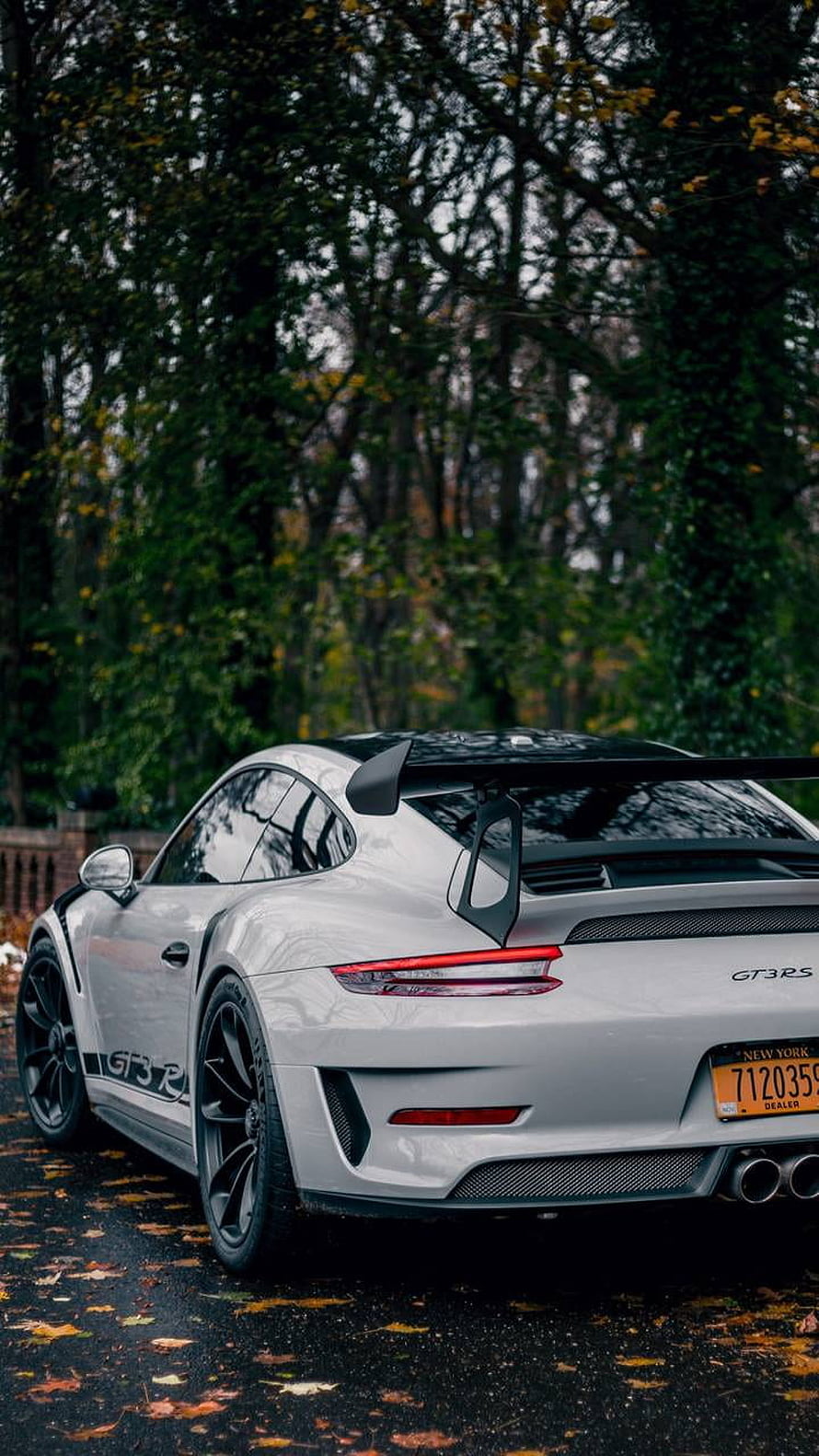 Rear View of a White Porsche GT3 RS with Large Rear Wing Parked on a Leaf-Strewn Road HD phone wallpaper