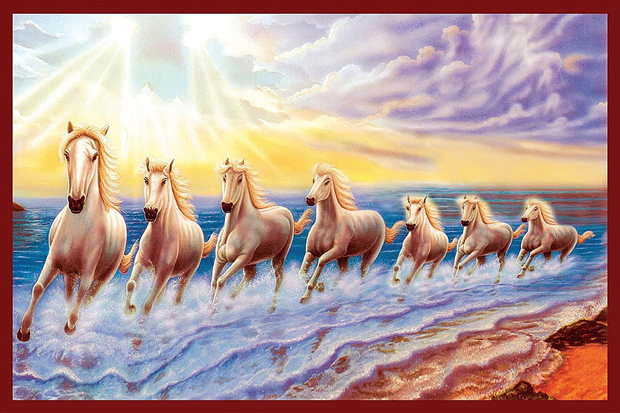 Seven White Horses Galloping Through Ocean Waves at Sunset HD wallpaper