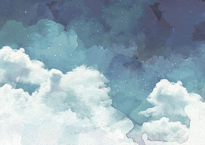 Dreamy Watercolor Night Sky with Soft Clouds and Starry Blue Hues HD wallpaper