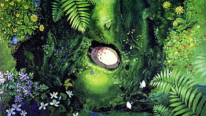 My Neighbor Totoro Forest Scene with Mossy Tree Hollow and Vibrant Wildflowers HD wallpaper