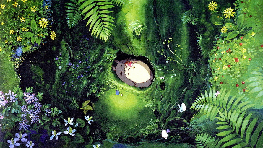 My Neighbor Totoro Forest Scene with Mossy Tree Hollow and Vibrant Wildflowers HD wallpaper