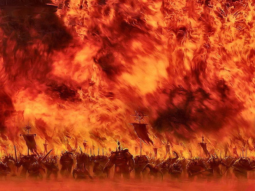 Armies of the Damned Marching Beneath a Roaring Inferno of Hellfire HD wallpaper