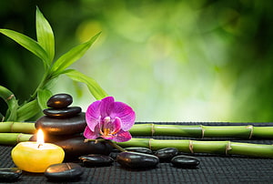 Serene Zen Garden Arrangement with Stacked Stones, Bamboo, and Pink Orchid HD wallpaper