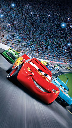 Lightning McQueen Leading the Pack in a High-Speed Race at Motor Speedway HD phone wallpaper