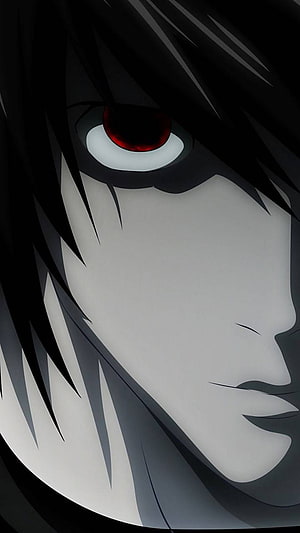 L from Death Note Anime Character Close-Up Portrait with Red Eyes and Dark Hair HD phone wallpaper